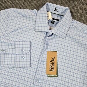 Eddie Bauer Shirt Mens 15.5 32/33 Blue Check Slim Fit Stretch Long Sleeve NEW